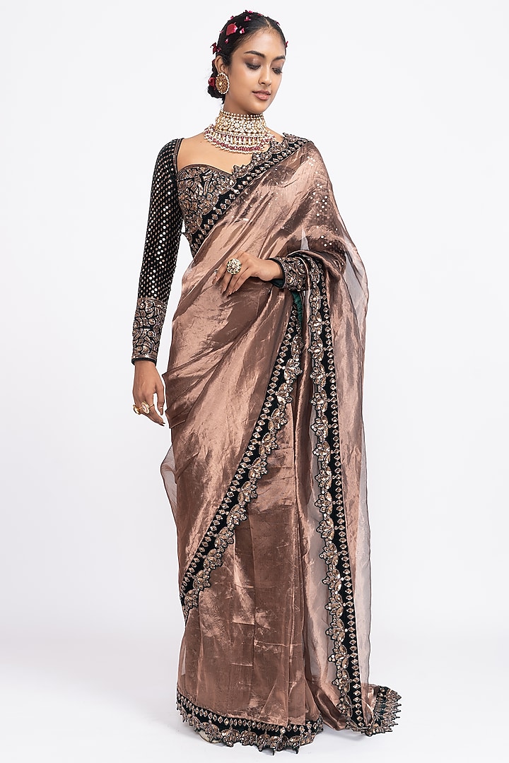 Copper Tissue Hand Embroidered Saree Set by Vvani by Vani Vats