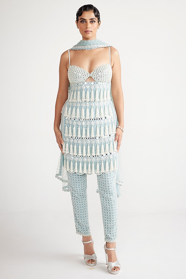 Powder Blue Georgette Pearl Hand Embroidered Kurta Set by Vvani By Vani Vats at Pernia's Pop Up Shop