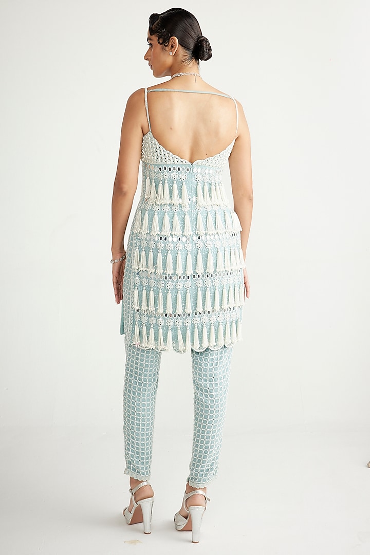 Powder Blue Georgette Pearl Hand Embroidered Kurta Set by Vvani By Vani Vats at Pernia's Pop Up Shop