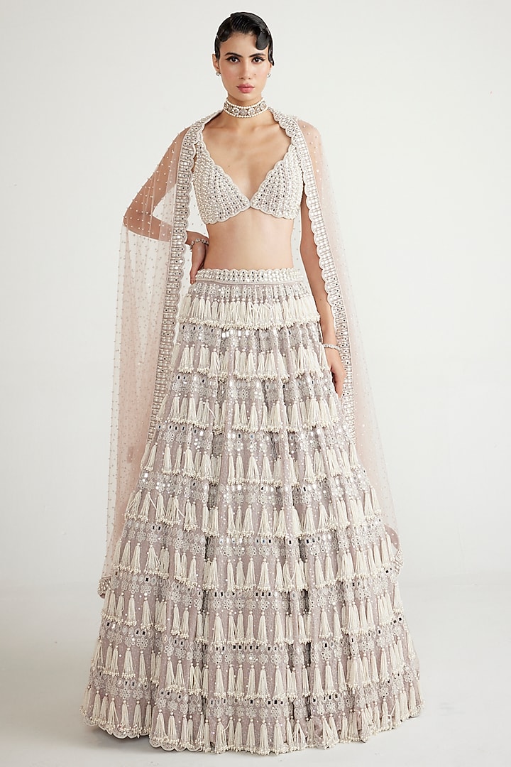 Ash Pink Organza Pearl Hand Embroidered Bridal Lehenga Set by Vvani By Vani Vats at Pernia's Pop Up Shop