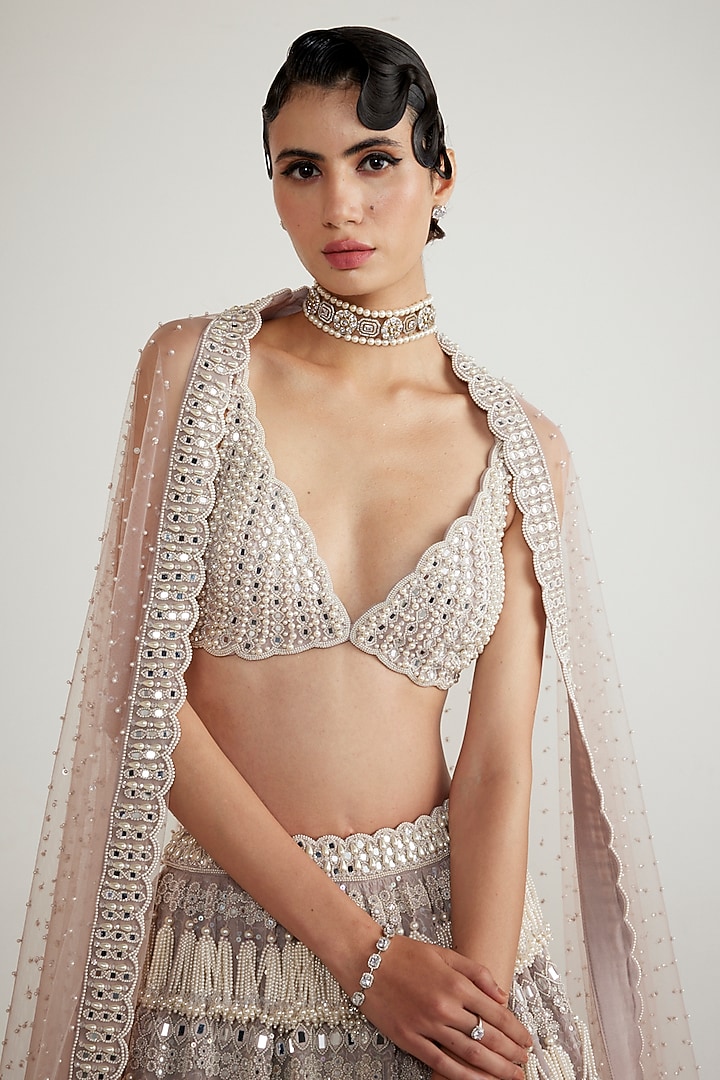 Ash Pink Organza Pearl Hand Embroidered Bridal Lehenga Set by Vvani By Vani Vats at Pernia's Pop Up Shop
