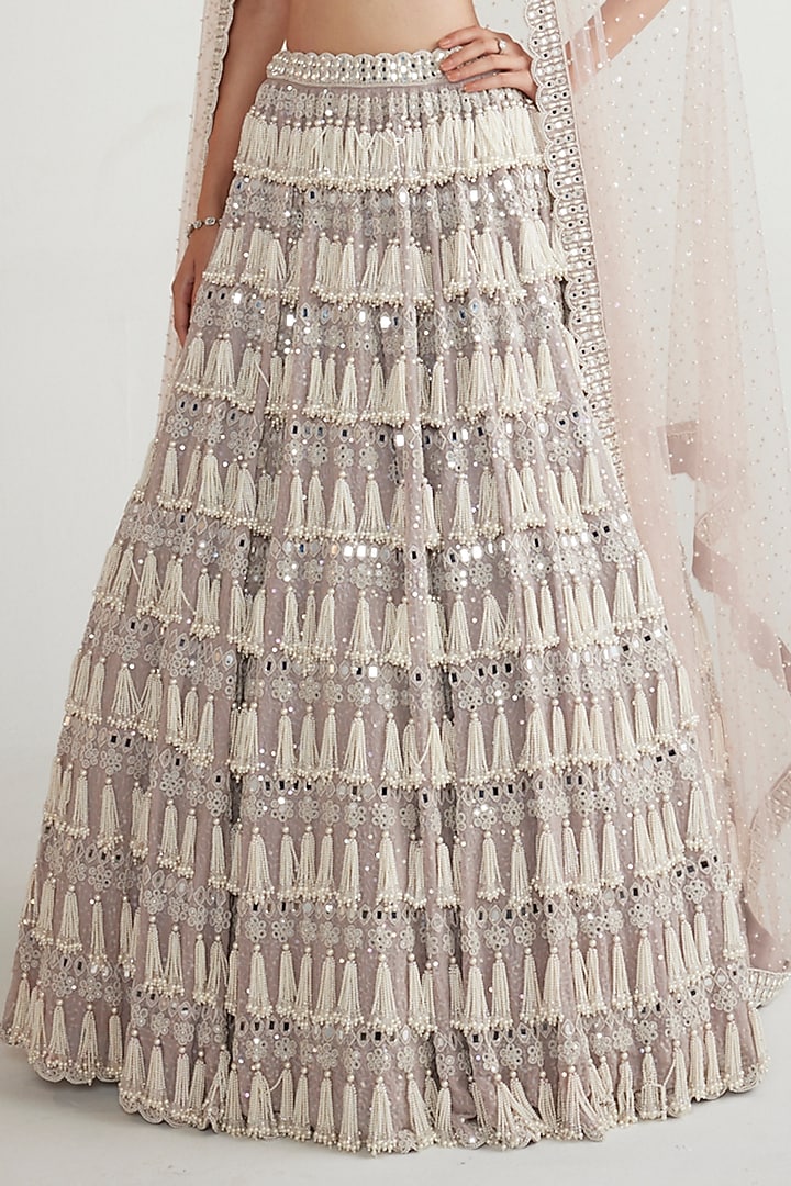 Ash Pink Organza Pearl Hand Embroidered Bridal Lehenga Set by Vvani By Vani Vats at Pernia's Pop Up Shop