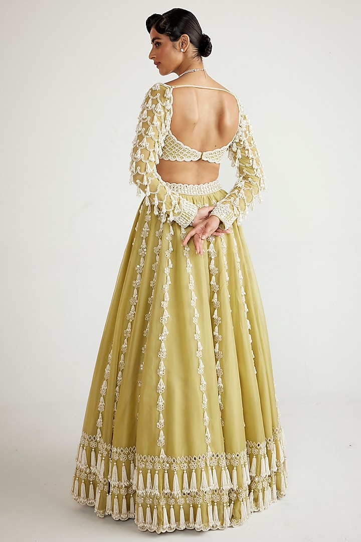 Fern Green Organza Pearl Hand Embroidered Bridal Lehenga Set by Vvani By Vani Vats at Pernia's Pop Up Shop