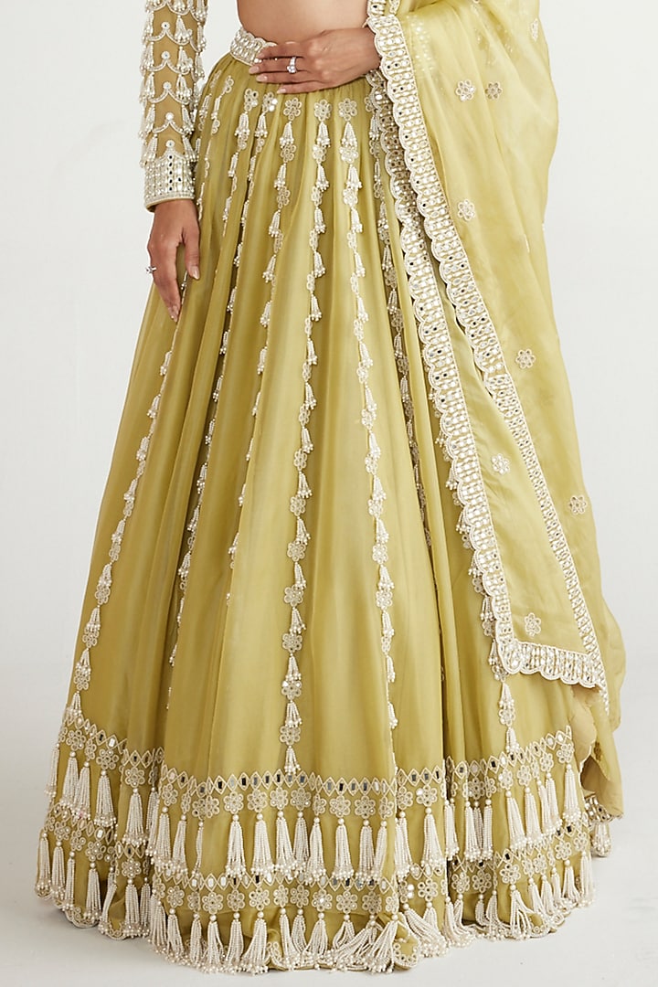 Fern Green Organza Pearl Hand Embroidered Bridal Lehenga Set by Vvani By Vani Vats at Pernia's Pop Up Shop