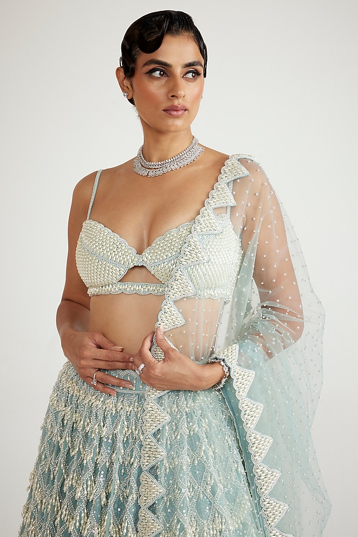 Powder Blue Georgette Pearl Hand Embroidered Bridal Lehenga Set by Vvani By Vani Vats at Pernia's Pop Up Shop