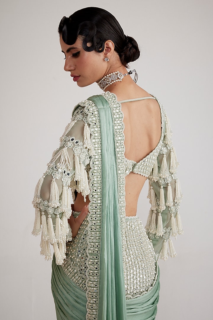 Powder Mint Green Chiffon Reception Saree Set by Vvani By Vani Vats at Pernia's Pop Up Shop