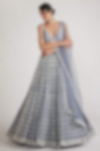 Dark Grey Georgette Pearl Hand Embroidered Bridal Lehenga Set by Vvani By Vani Vats at Pernia's Pop Up Shop