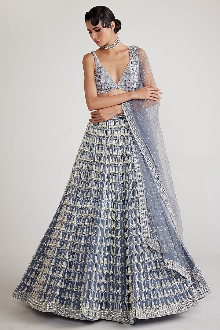 Dark Grey Georgette Pearl Hand Embroidered Bridal Lehenga Set by Vvani By Vani Vats at Pernia's Pop Up Shop