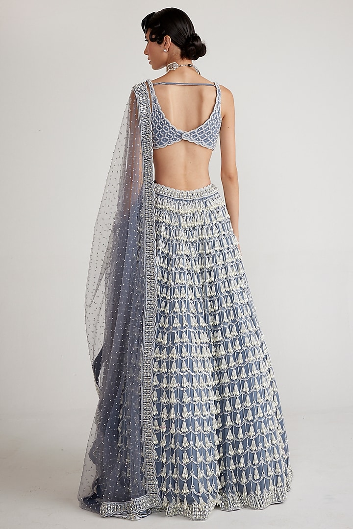 Dark Grey Georgette Pearl Hand Embroidered Bridal Lehenga Set by Vvani By Vani Vats at Pernia's Pop Up Shop