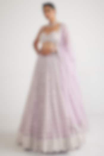 Powder Lilac Organza Pearl Hand Embroidered Bridal Lehenga Set by Vvani By Vani Vats at Pernia's Pop Up Shop