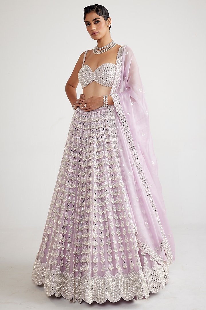 Powder Lilac Organza Pearl Hand Embroidered Bridal Lehenga Set by Vvani By Vani Vats at Pernia's Pop Up Shop