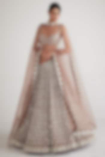 Deep Beige Georgette Pearl Hand Embroidered Bridal Lehenga Set by Vvani By Vani Vats at Pernia's Pop Up Shop