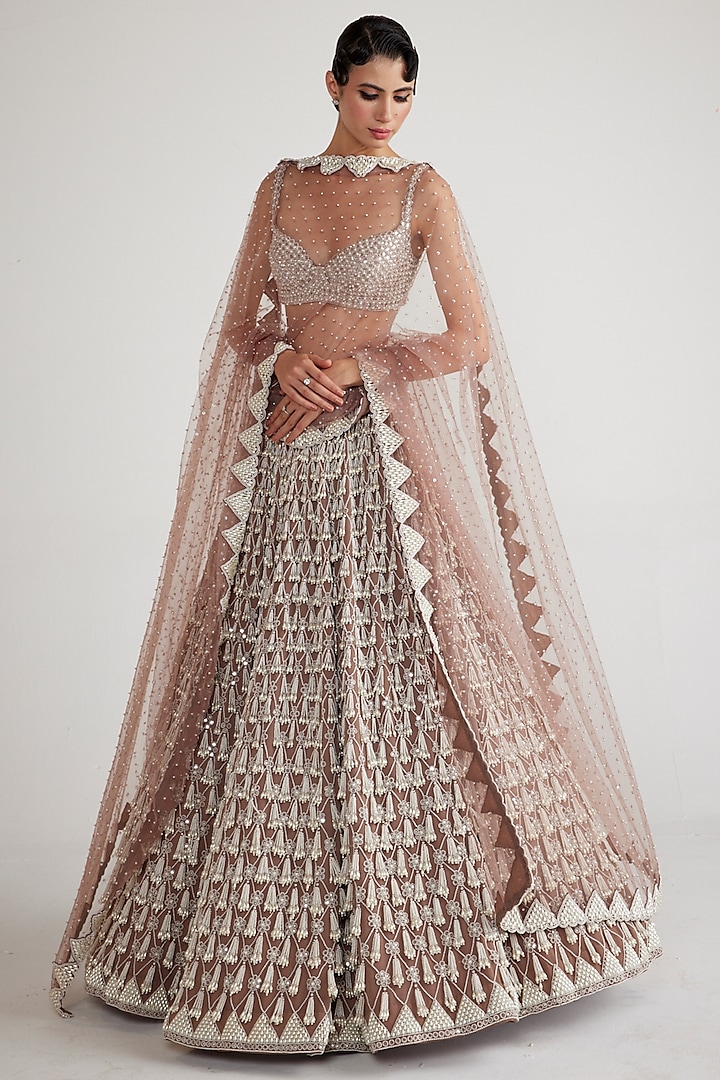 Deep Beige Georgette Pearl Hand Embroidered Bridal Lehenga Set by Vvani By Vani Vats at Pernia's Pop Up Shop