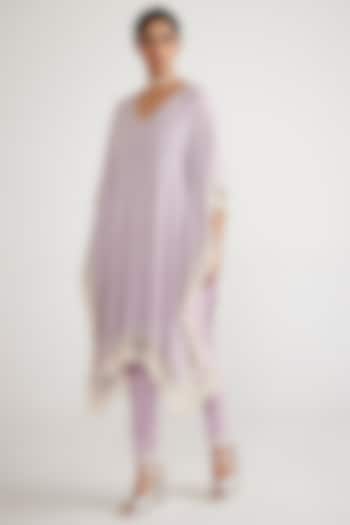 Powder Lilac Georgette Pearl Hand Embroidered Kaftan Set by Vvani By Vani Vats