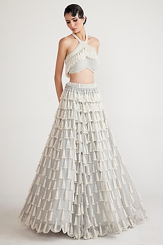 Powder Grey Organza Pearl Hand Embroidered Skirt Set by Vvani By Vani Vats