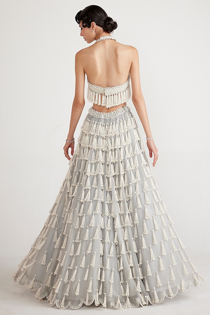 Powder Grey Organza Pearl Hand Embroidered Skirt Set by Vvani By Vani Vats at Pernia's Pop Up Shop