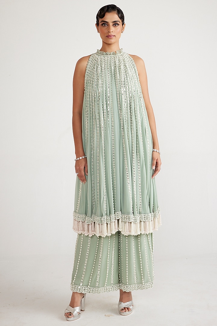 Powder Mint Georgette Pearl Hand Embroidered Kurta Set by Vvani By Vani Vats at Pernia's Pop Up Shop