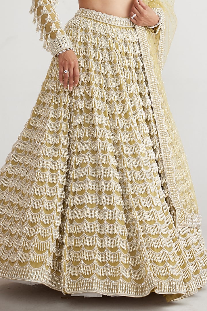 Fern Green Georgette Pearl Hand Embroidered Bridal Lehenga Set by Vvani By Vani Vats at Pernia's Pop Up Shop