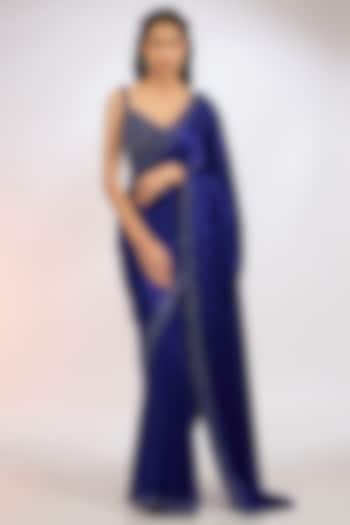 Blue Satin Hand Embroidered Wedding Saree Set by Vvani by Vani Vats at Pernia's Pop Up Shop