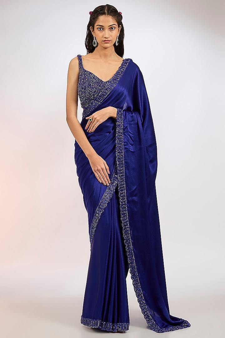 Blue Satin Hand Embroidered Wedding Saree Set by Vvani by Vani Vats at Pernia's Pop Up Shop