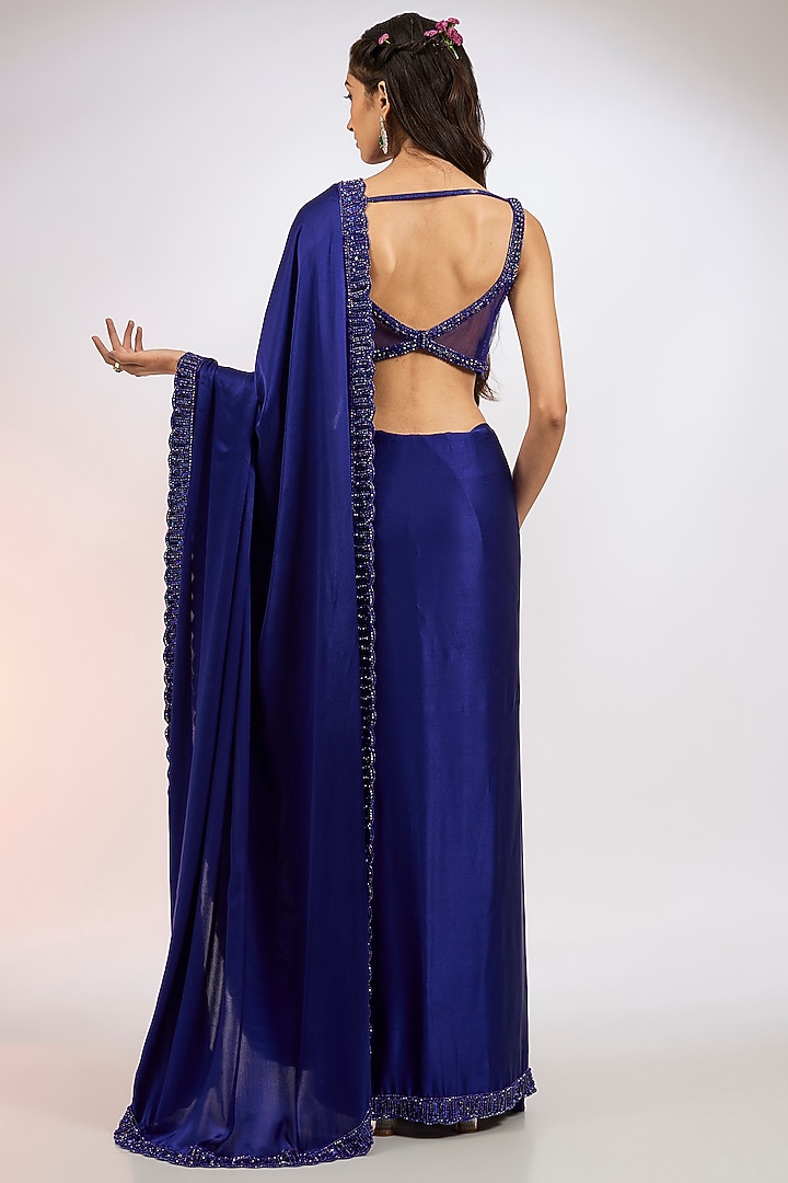 Blue Satin Hand Embroidered Wedding Saree Set by Vvani by Vani Vats at Pernia's Pop Up Shop