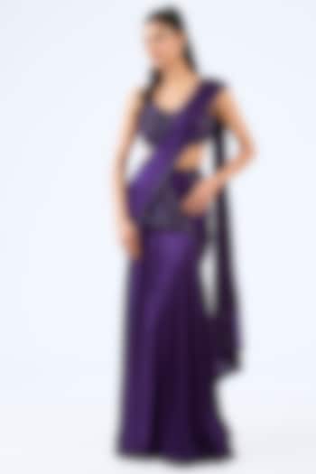 Purple Satin Crystal Hand Embroidered Pre-Draped Saree Set by Vvani By Vani Vats at Pernia's Pop Up Shop