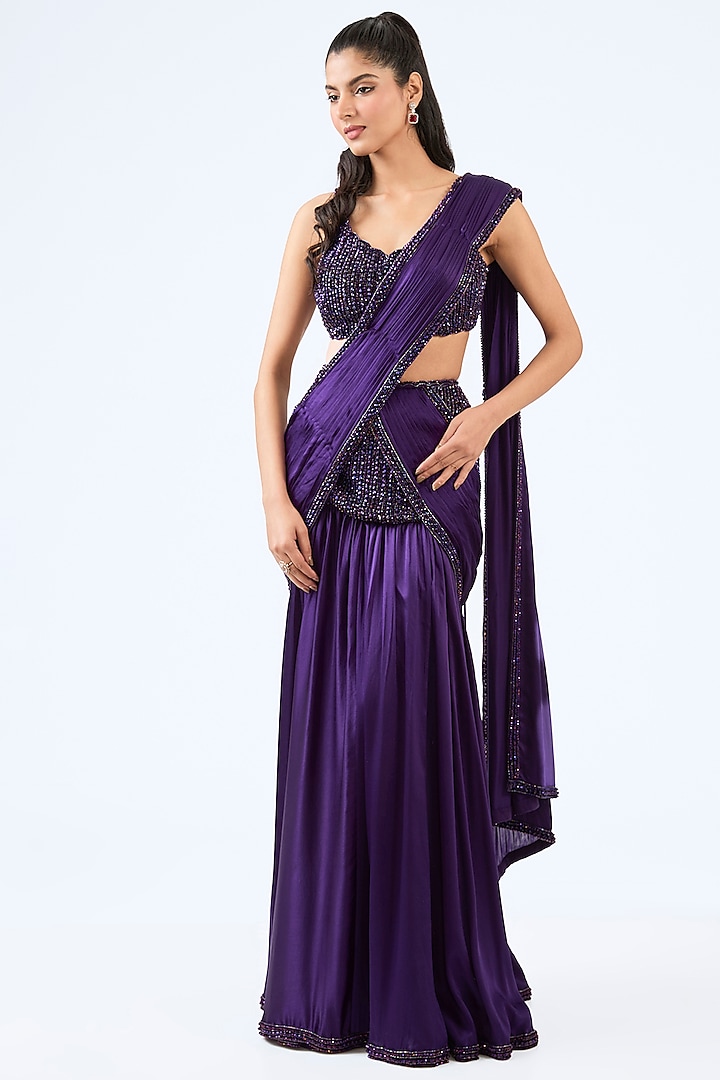Purple Satin Crystal Hand Embroidered Pre-Draped Saree Set by Vvani By Vani Vats at Pernia's Pop Up Shop