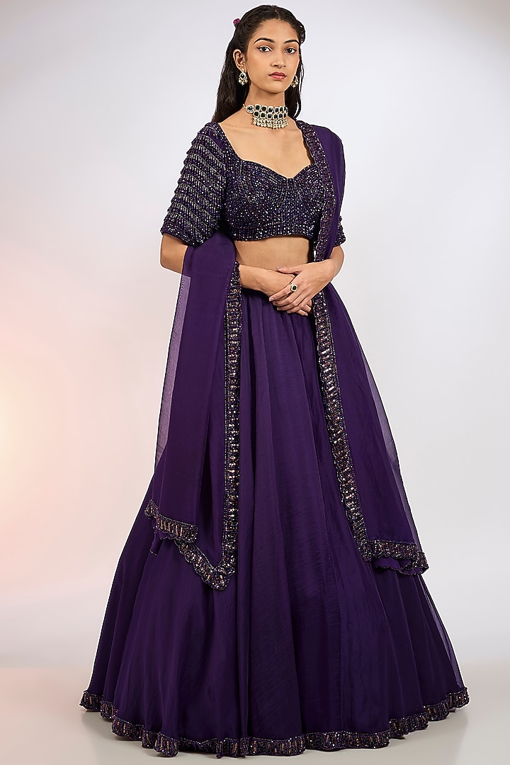 Purple Organza Hand Embroidered  dulhan bday 22 may Lehenga Set by Vvani by Vani Vats at Pernia's Pop Up Shop