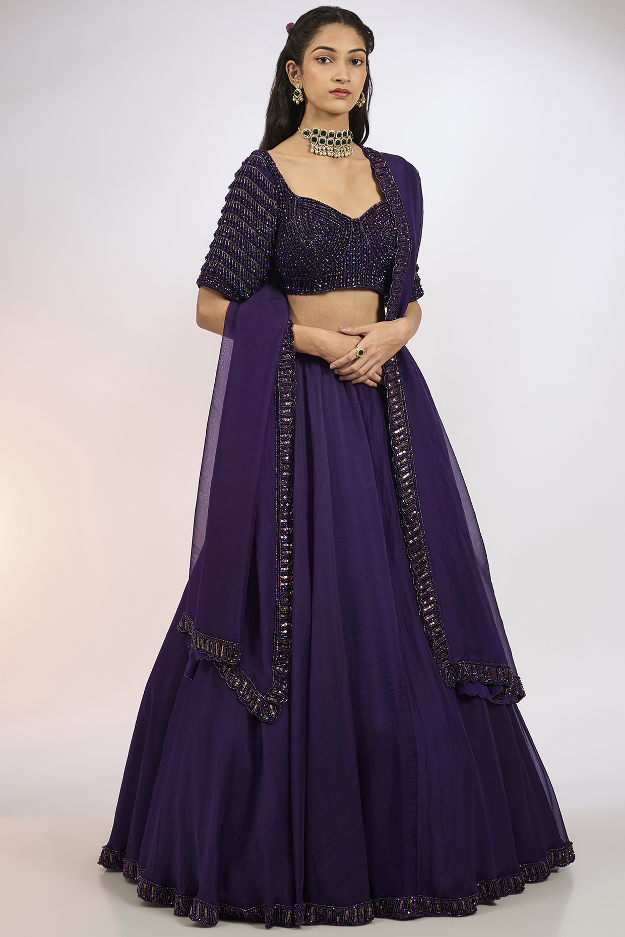 Purple Organza Hand Embroidered Lehenga Set by Vvani by Vani Vats