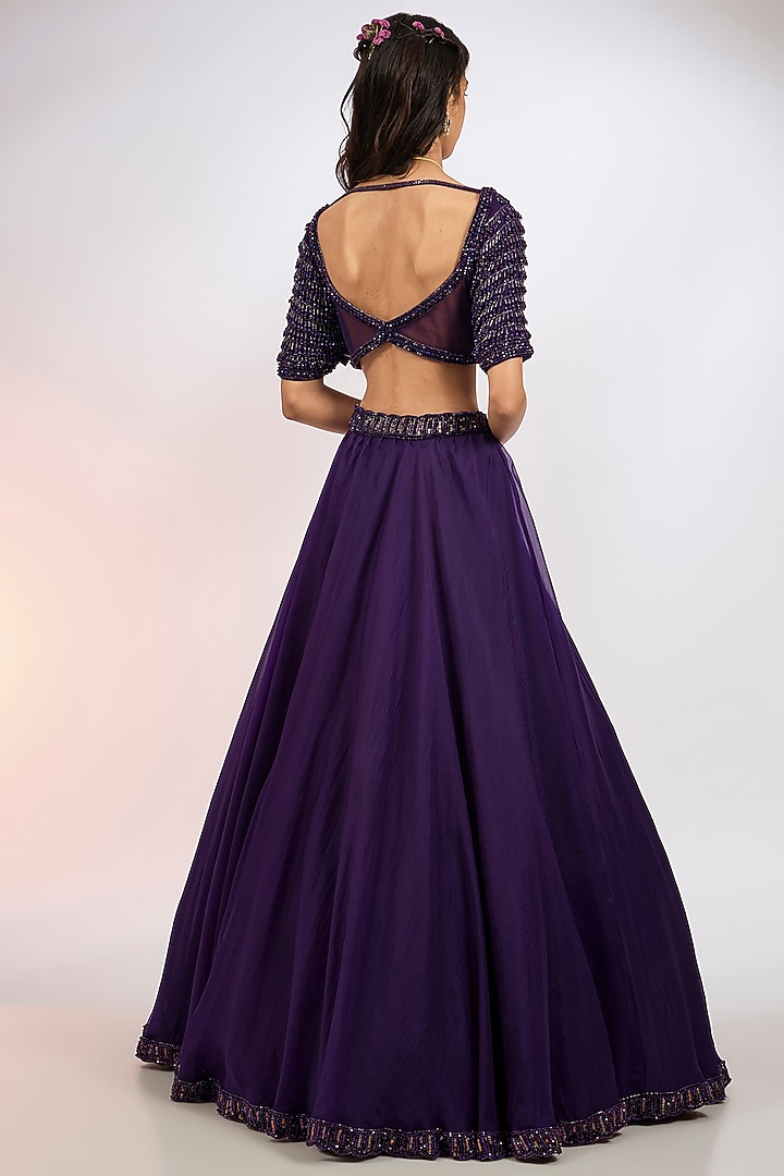 Purple Organza Hand Embroidered Wedding Lehenga Set by Vvani by Vani Vats at Pernia's Pop Up Shop