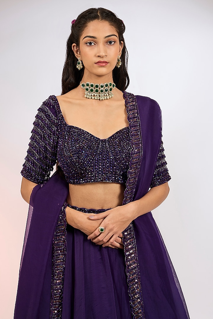 Purple Organza Hand Embroidered Wedding Lehenga Set by Vvani by Vani Vats at Pernia's Pop Up Shop