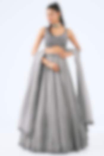 Crystal Grey Organza Sequins Hand Embroidered Wedding Lehenga Set by Vvani By Vani Vats at Pernia's Pop Up Shop