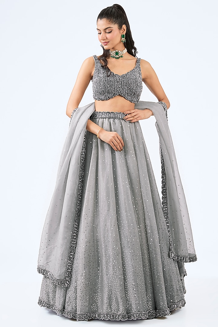 Crystal Grey Organza Sequins Hand Embroidered Wedding Lehenga Set by Vvani By Vani Vats at Pernia's Pop Up Shop