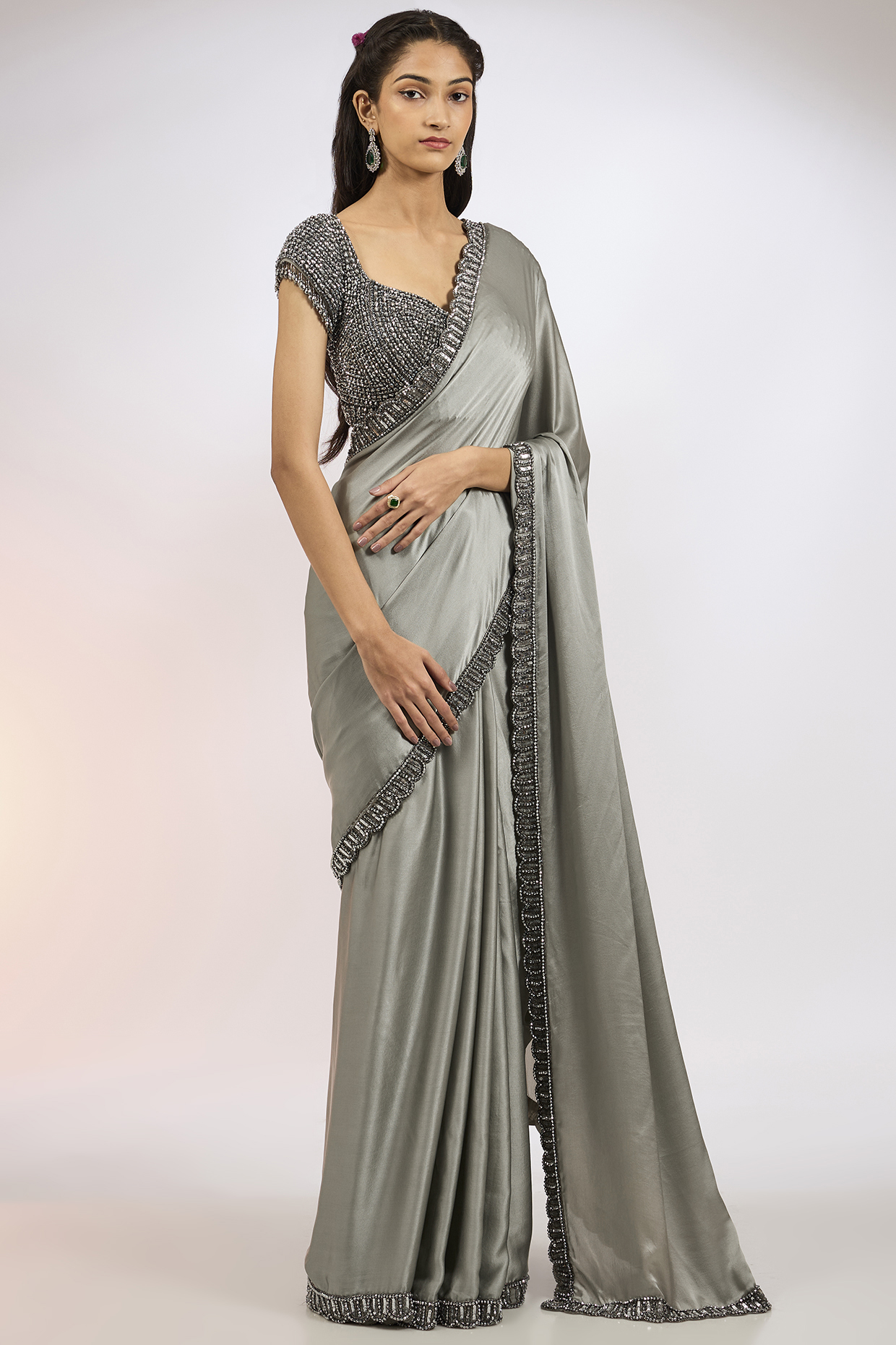 Grey Satin Hand Embroidered Wedding Saree Set by Vvani by Vani Vats at Pernia's Pop Up Shop