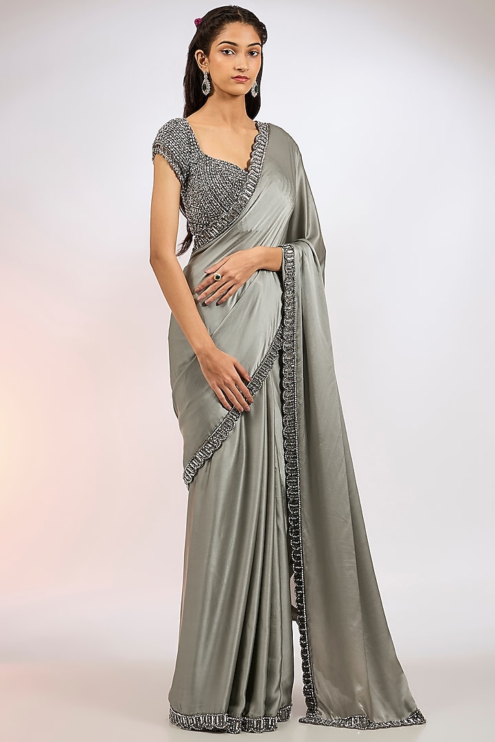 Grey Satin Hand Embroidered Wedding Saree Set by Vvani by Vani Vats at Pernia's Pop Up Shop