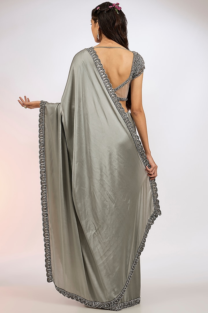 Grey Satin Hand Embroidered Wedding Saree Set by Vvani by Vani Vats at Pernia's Pop Up Shop
