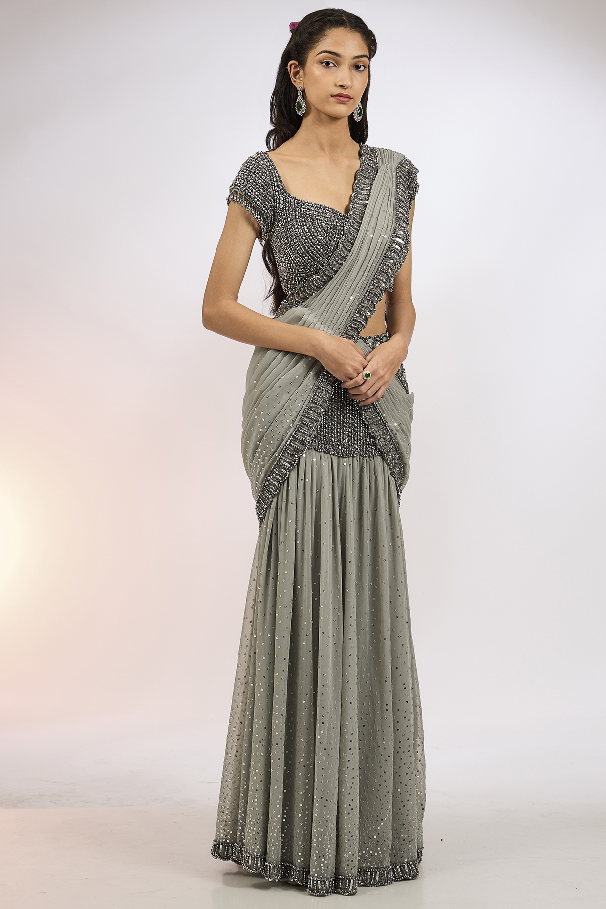 Grey Georgette Hand Embroidered Pre-Draped Saree Set by Vvani by Vani Vats