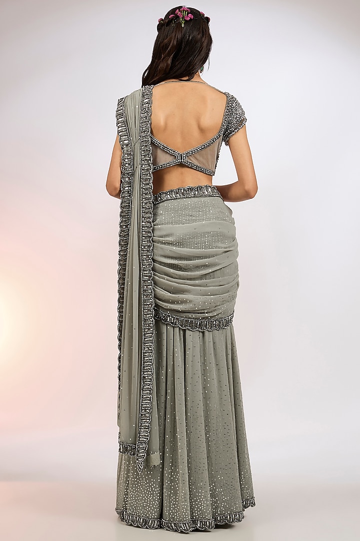 Grey Georgette Hand Embroidered Pre-Draped Reception Saree Set by Vvani by Vani Vats at Pernia's Pop Up Shop