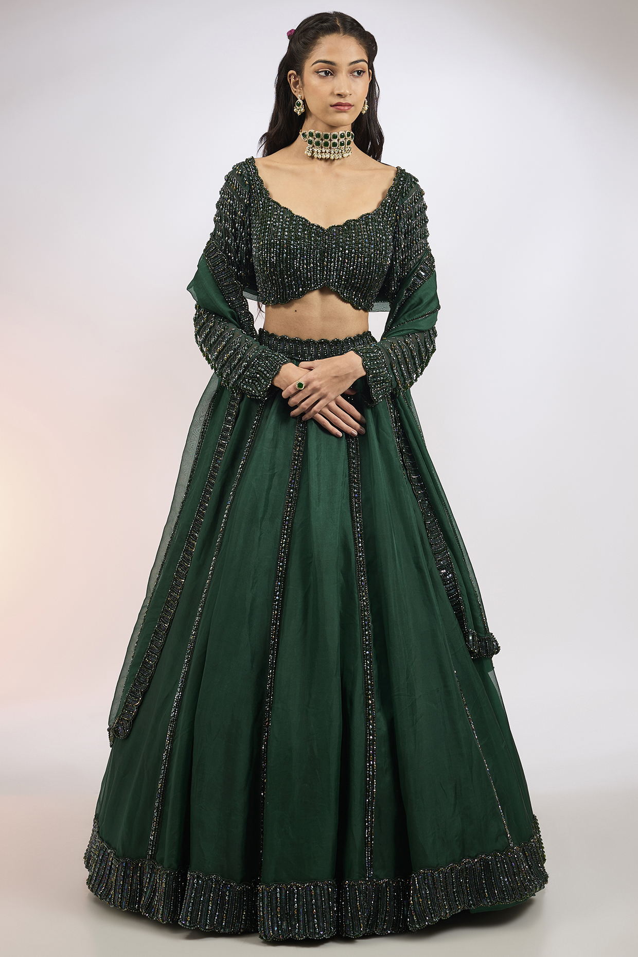 Dark Jade Green Organza Hand Embroidered  dulhan bday 22 may Lehenga Set by Vvani by Vani Vats at Pernia's Pop Up Shop