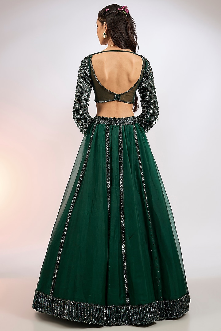 Dark Jade Green Organza Hand Embroidered Wedding Lehenga Set by Vvani by Vani Vats at Pernia's Pop Up Shop