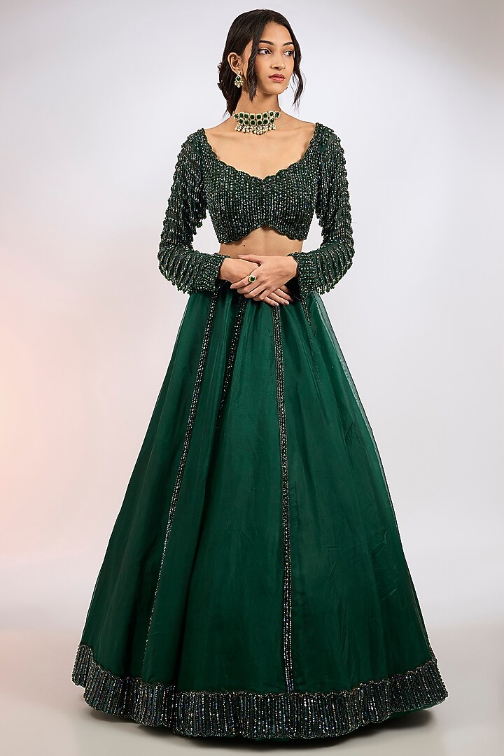 Dark Jade Green Organza Hand Embroidered Wedding Lehenga Set by Vvani by Vani Vats at Pernia's Pop Up Shop