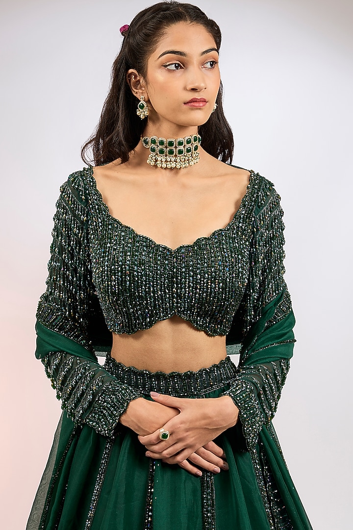 Dark Jade Green Organza Hand Embroidered Wedding Lehenga Set by Vvani by Vani Vats at Pernia's Pop Up Shop