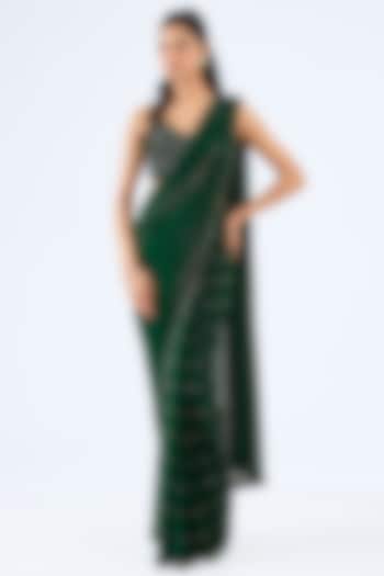 Dark Jade Green Georgette Crystal Hand Embroidered Pre-Draped Saree Set by Vvani By Vani Vats at Pernia's Pop Up Shop