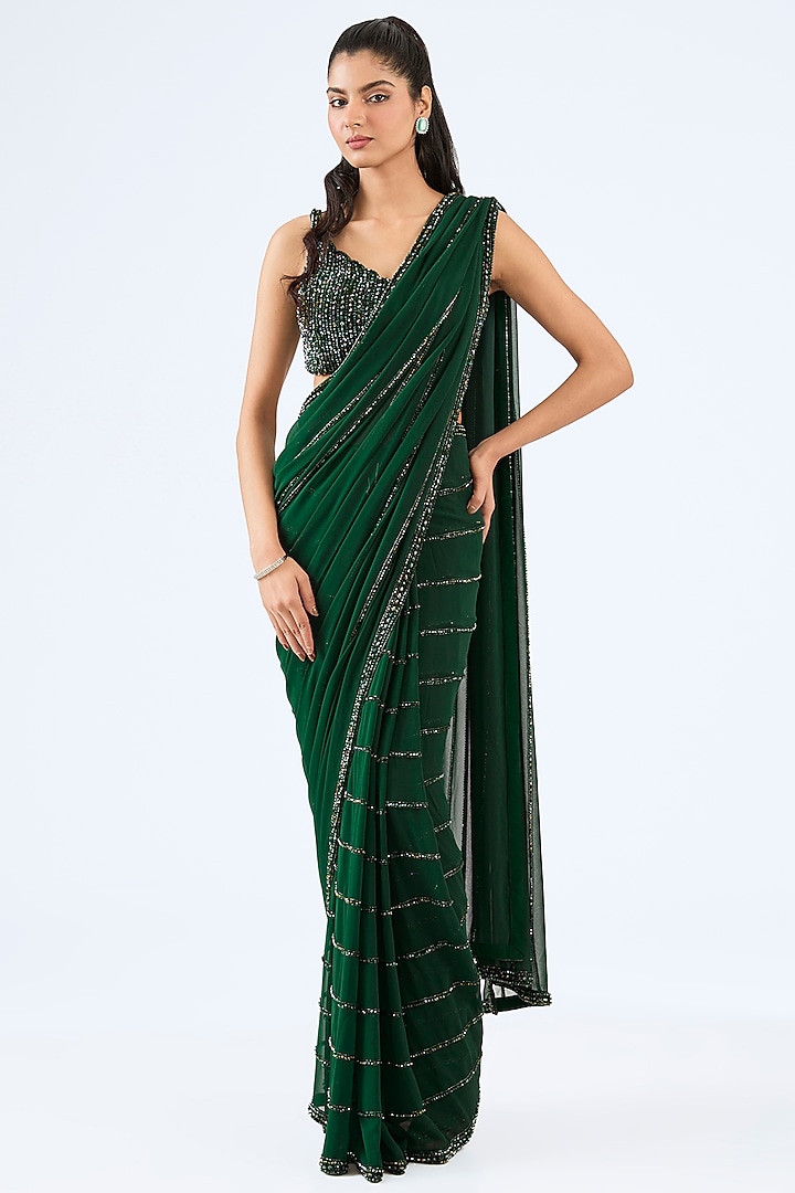Dark Jade Green Georgette Crystal Hand Embroidered Pre-Draped Saree Set by Vvani By Vani Vats at Pernia's Pop Up Shop