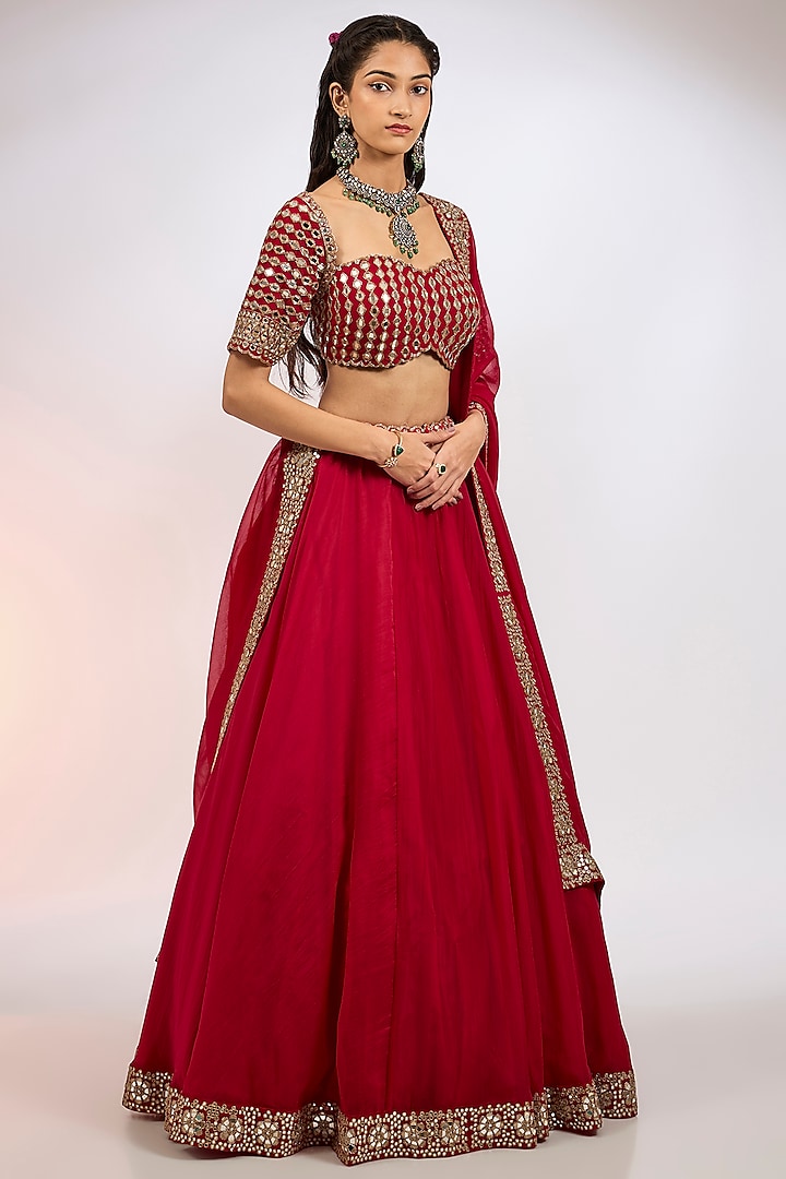 Crimson Red Organza Hand Embroidered  dulhan bday 22 may Lehenga Set by Vvani by Vani Vats at Pernia's Pop Up Shop