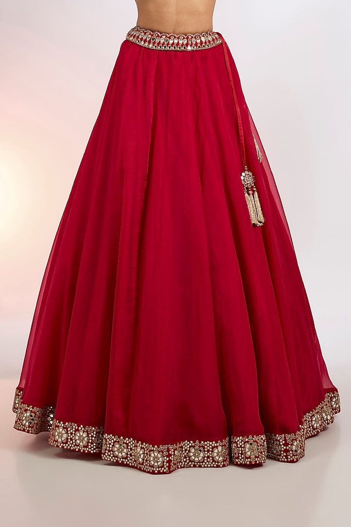 Crimson Red Organza Hand Embroidered Wedding Lehenga Set by Vvani by Vani Vats at Pernia's Pop Up Shop
