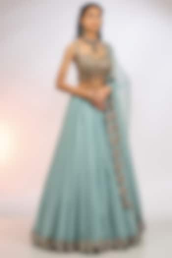 Powder Blue Organza Mirror Embroidered Wedding Lehenga Set by Vvani by Vani Vats at Pernia's Pop Up Shop