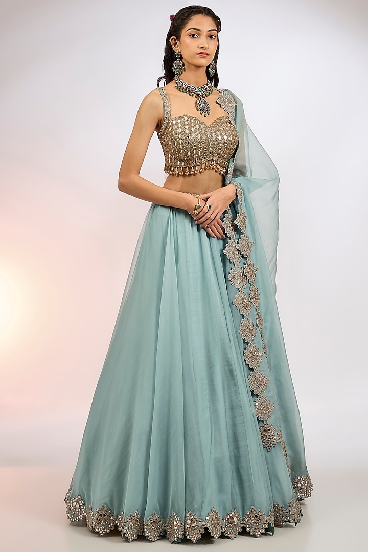 Powder Blue Organza Mirror Embroidered Wedding Lehenga Set by Vvani by Vani Vats at Pernia's Pop Up Shop