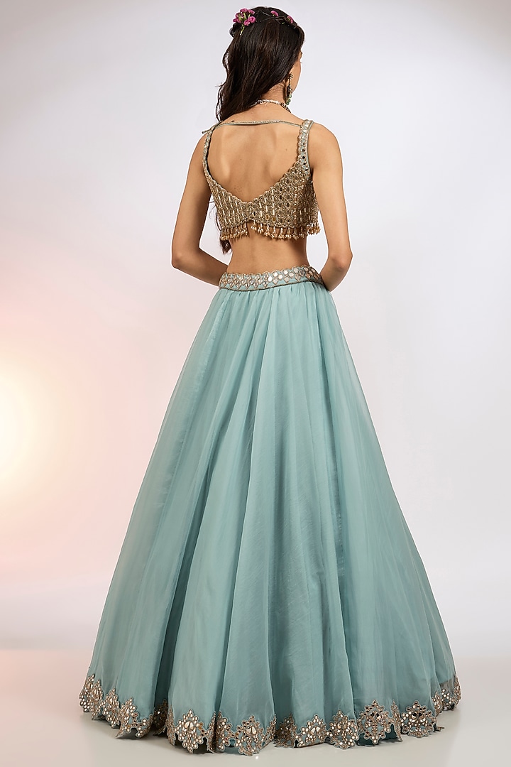 Powder Blue Organza Mirror Embroidered Wedding Lehenga Set by Vvani by Vani Vats at Pernia's Pop Up Shop