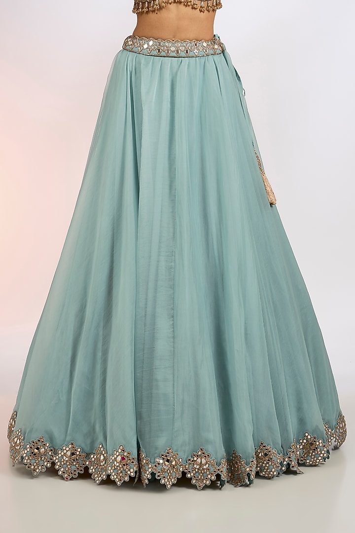 Powder Blue Organza Mirror Embroidered Wedding Lehenga Set by Vvani by Vani Vats at Pernia's Pop Up Shop